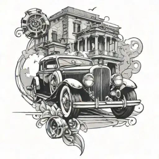 A classic mafia scene with a luxurious car as the focal point, accented with film reels and subtle drug motifs tattoo design idea