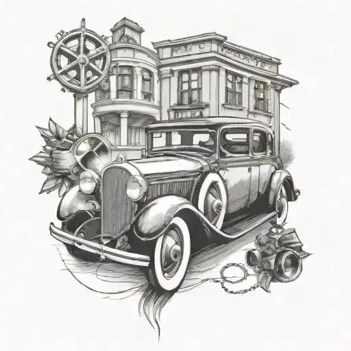 A classic mafia scene with a luxurious car as the focal point, accented with film reels and subtle drug motifs tattoo design idea