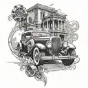A classic mafia scene with a luxurious car as the focal point, accented with film reels and subtle drug motifs tattoo design idea