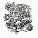 A classic mafia scene with a luxurious car as the focal point, accented with film reels and subtle drug motifs tattoo design idea