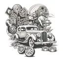 A classic mafia scene with a luxurious car as the focal point, accented with film reels and subtle drug motifs tattoo design idea