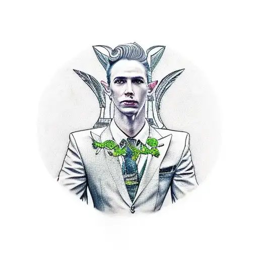 A realistic tattoo depicting an elegant elf wearing a tailored suit, surrounded by a cityscape of unique and colorful houses. tattoo design idea