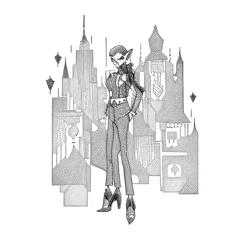 A realistic tattoo depicting an elegant elf wearing a tailored suit, surrounded by a cityscape of unique and colorful houses. tattoo design idea