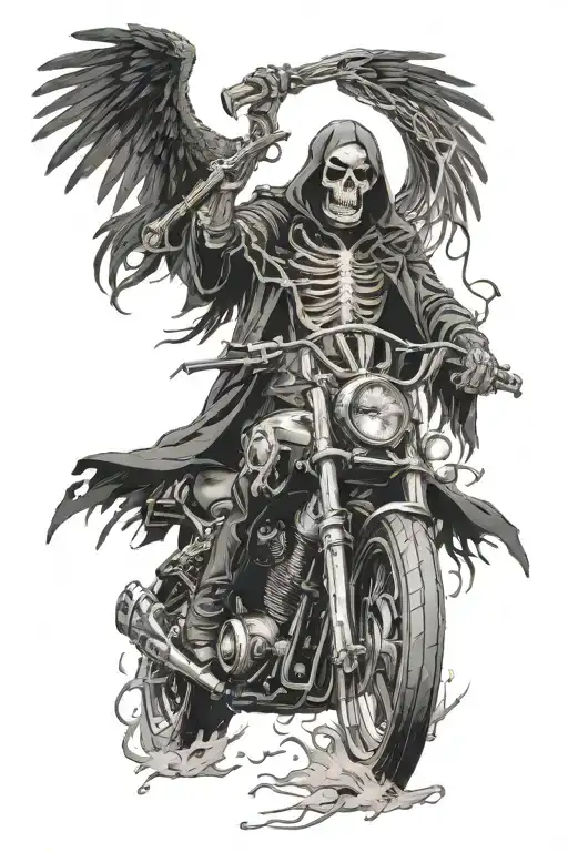 full body grim reaper holding scythe in the ghost rider style with a dodge charger car  and crows   tattoo design idea