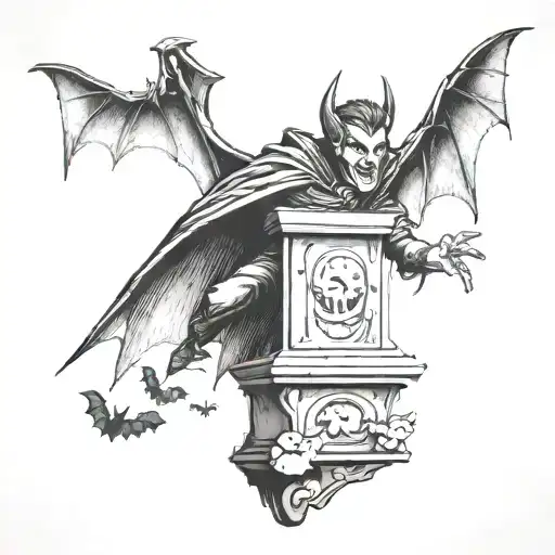 A tattoo of a vampire playing a video game on a tombstone, with blackwork style bats flying in the background tattoo design idea