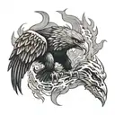 A majestic eagle with flames engulfing its wings, while a scorpion crawls at its feet tattoo design idea