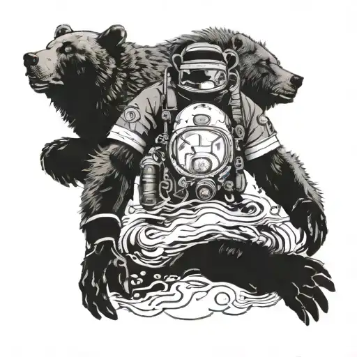 A surreal underwater landscape with a bear and lion wearing diving gear exploring the depths of the ocean tattoo design idea