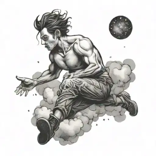 man falling towards the clouds from the sky filled with stars  tattoo design idea