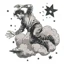 man falling towards the clouds from the sky filled with stars  tattoo design idea