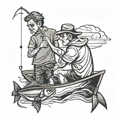 father and son fishing on a boat tattoo design idea