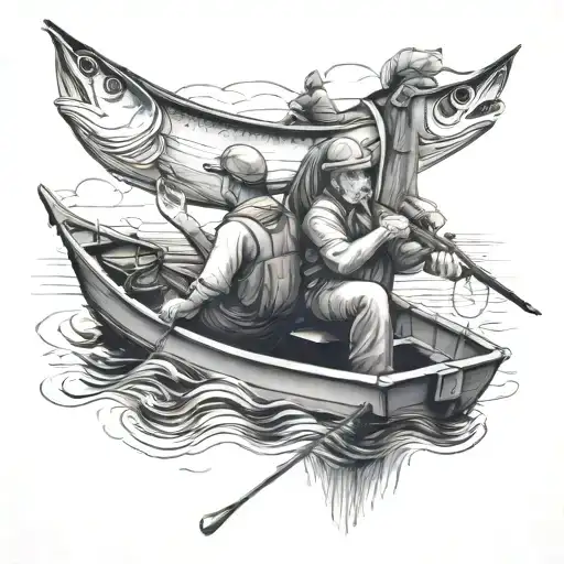 father and son fishing on a boat tattoo design idea