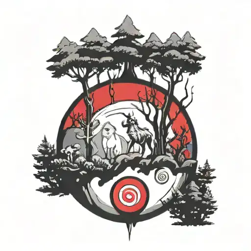 pokeball with princess Mononoke forest on the top where the red usually is tattoo design idea