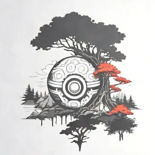 pokeball with princess Mononoke forest on the top where the red usually is and add the forest spirits tattoo design idea