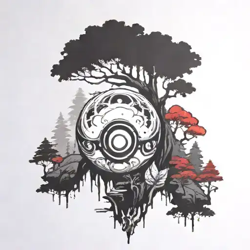 pokeball with princess Mononoke forest on the top where the red usually is tattoo design idea