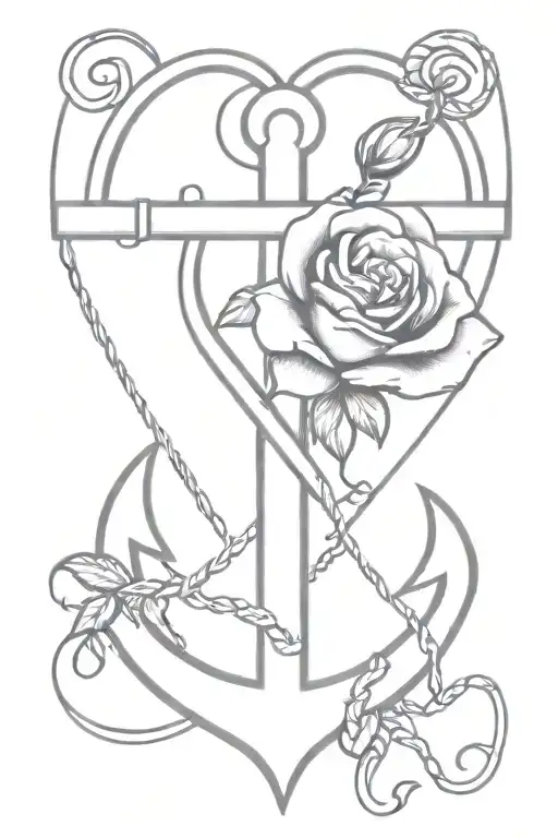 A minimalist tattoo design of a heart-shaped anchor intertwined with a rose tattoo design idea