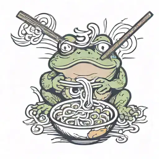 cute frog eating ramen with a japanese sunburst behind it  tattoo design idea
