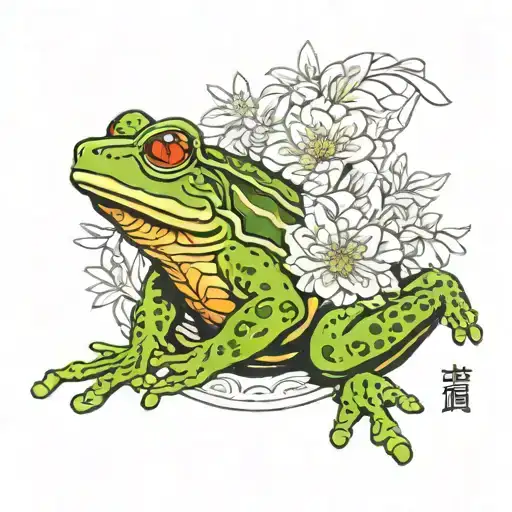 frog eating gyoza japanese sunburst surrounded tattoo design idea