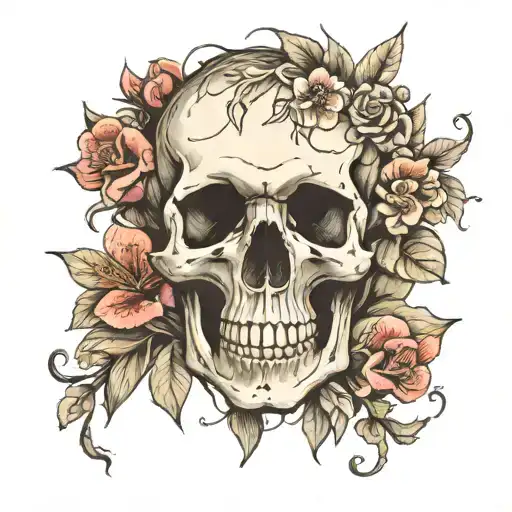skull, flowers, nature, mushrooms, tattoo design idea