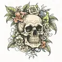 skull, flowers, nature, mushrooms, tattoo design idea