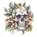 skull, flowers, nature, mushrooms, tattoo design idea