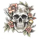 skull, flowers, nature, mushrooms, tattoo design idea
