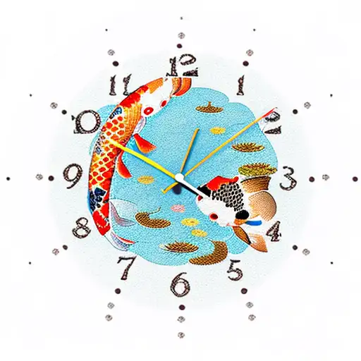 Clock with koi fish and butterflies  tattoo design idea