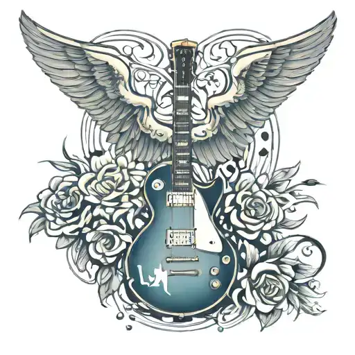 les paul guitar with angel wings surrounded tattoo design idea