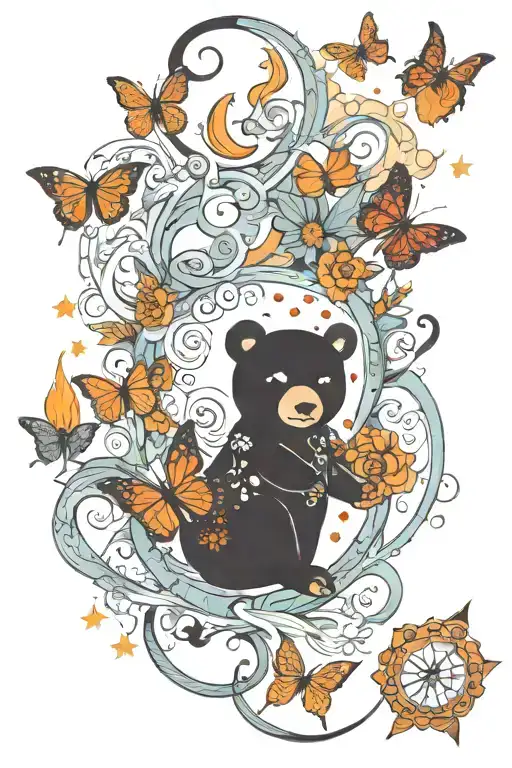Imagine a twin flame entwined with a celestial body like the moon or stars. Include a bear and a ladybug. Create a tatto tattoo design idea