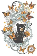 Imagine a twin flame entwined with a celestial body like the moon or stars. Include a bear and a ladybug. Create a tatto tattoo design idea