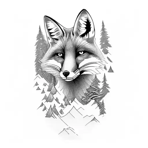 fox with forest and montain  tattoo design idea
