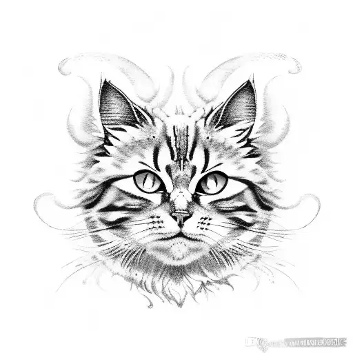 fluffy tabby cat full body sitting tattoo design idea