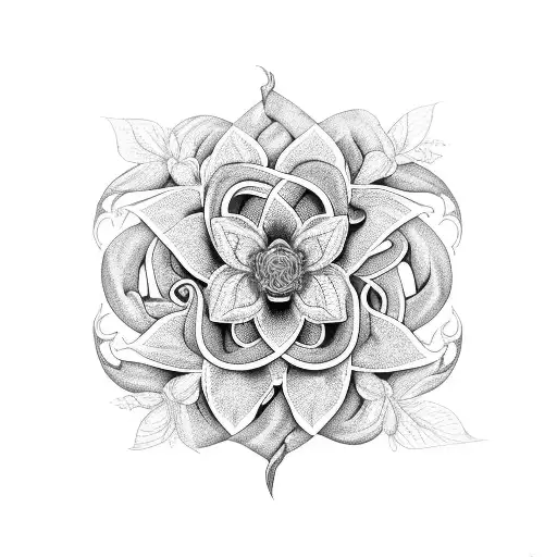 An intricate black and grey design showcasing a blooming flower vine intertwined with a winding road tattoo design idea