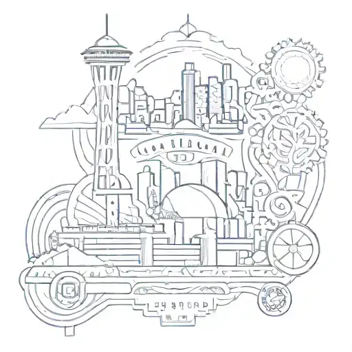 A tattoo design incorporating symbols of Oakland, Seattle, and Syracuse, such as city skylines, landmarks, and sports team logos, blended together in a unique and artistic way. tattoo design idea