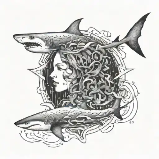 A counselor guiding a person through a maze of emotions and thoughts, with sharks swimming around symbolizing inner fears and obstacles. tattoo design idea