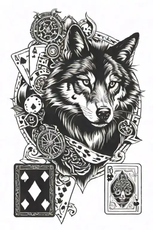 Wolf, Stopwatch, Dices, Playing Cards Ace Joker, Valkyrie tattoo design idea