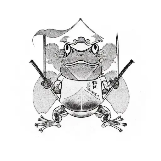 A group of three frog samurai knight posing in style, black and white, medieval, tatto, ink tattoo design idea