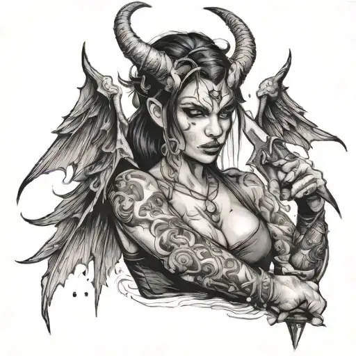 demon girl in anger with a dagger with horns and wings tattoo design idea