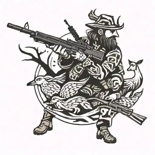 A traditional tattoo of a hunter in camouflage gear, holding a rifle and surrounded by wildlife like ducks, geese, and deer tattoo design idea