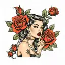 beautiful young girl, finger on lip, Chicano style, cards, car, rose tattoo design idea
