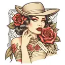 beautiful young girl, finger on lip, Chicano style, cards, car, rose tattoo design idea