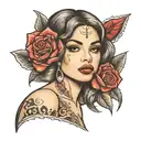beautiful young girl, finger on lip, Chicano style, cards, car, rose tattoo design idea