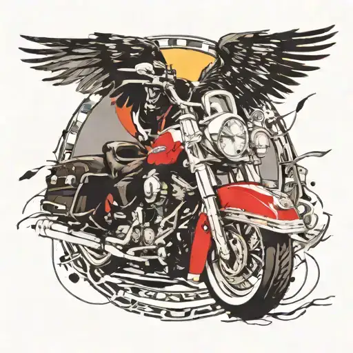 Harley-Davidson, Route 66, eagle, path, mountains, snow, moon, sun, sunrays behind the mountain, speedometer compass tattoo design idea