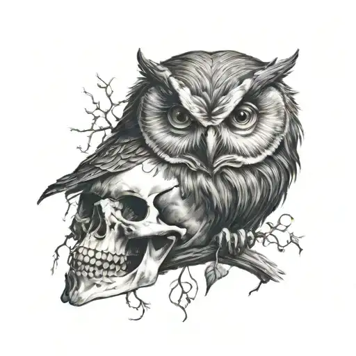 shadow owl perched on skull tattoo design idea