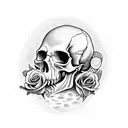 skull with a rattle snake coming in the mouth and out the eye and it's tail wrapping around a rose  tattoo design idea