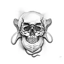 skull with a rattle snake coming in the mouth and out the eye and it's tail wrapping around a rose  tattoo design idea