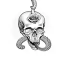 skull with a rattle snake coming in the mouth and out the eye and it's tail wrapping around a rose  tattoo design idea