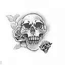 skull with a rattle snake coming in the mouth and out the eye and it's tail wrapping around a rose  tattoo design idea