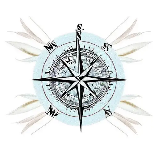 A compass with bird feathers as the needle tattoo design idea