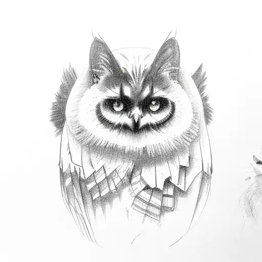 a black cat next to a black owl next to a raven next to a bat  tattoo design idea