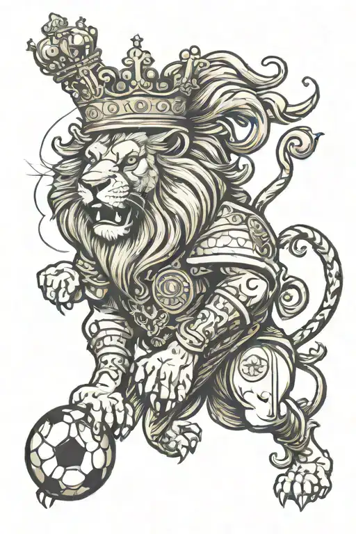 old English lion wearing a crown with a soccer ball tattoo design idea